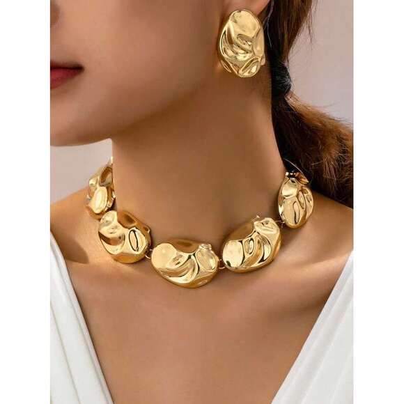 Jewelry - Asymmetrical Geometric Sphere Metal Feeling Earrings and Necklace Set Gift